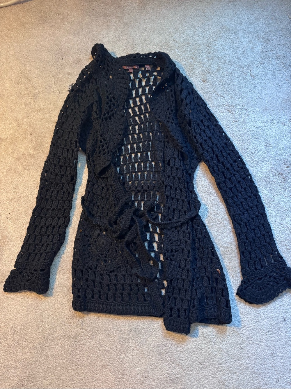 525 America Black Crochet Open-Knit Tie-Waist Cardigan